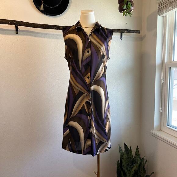 Vintage USA Purple Mod Abstract Sleeveless Semi Sheer Button Front Dress Size L - Picture 1 of 11
